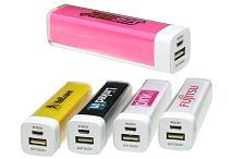 Five lipstick style power banks in various colours and logo print