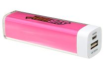 A pink power bank with plastic casing and white end