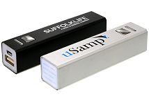 Two power bank chargers with a rectangular metal case, black and silver