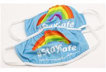 Two custom print face covers cloth flat with rainbow design.