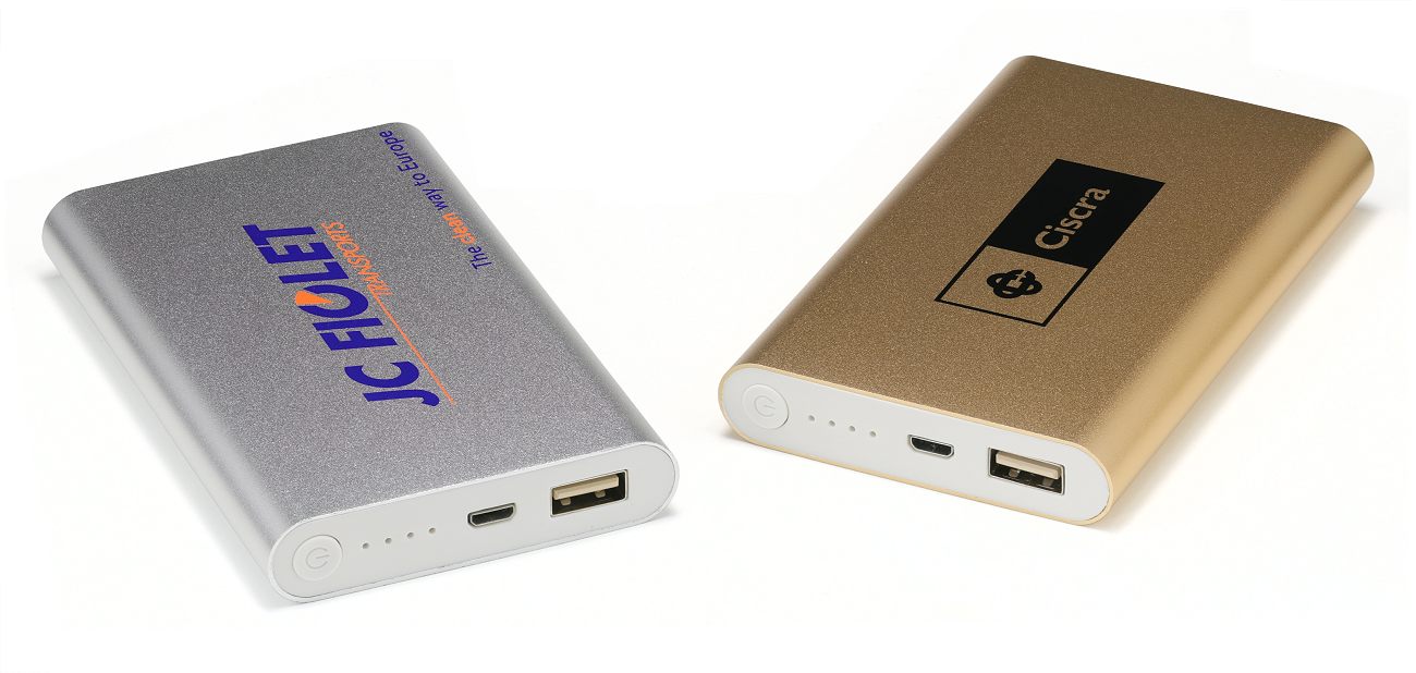 Two flat metal power banks in gold and silver