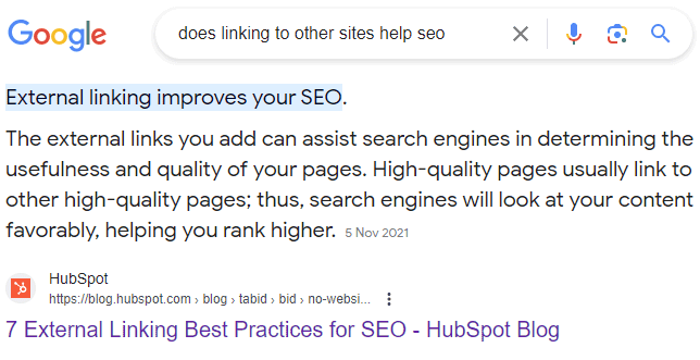 SERP for Does linking to other sites help seo