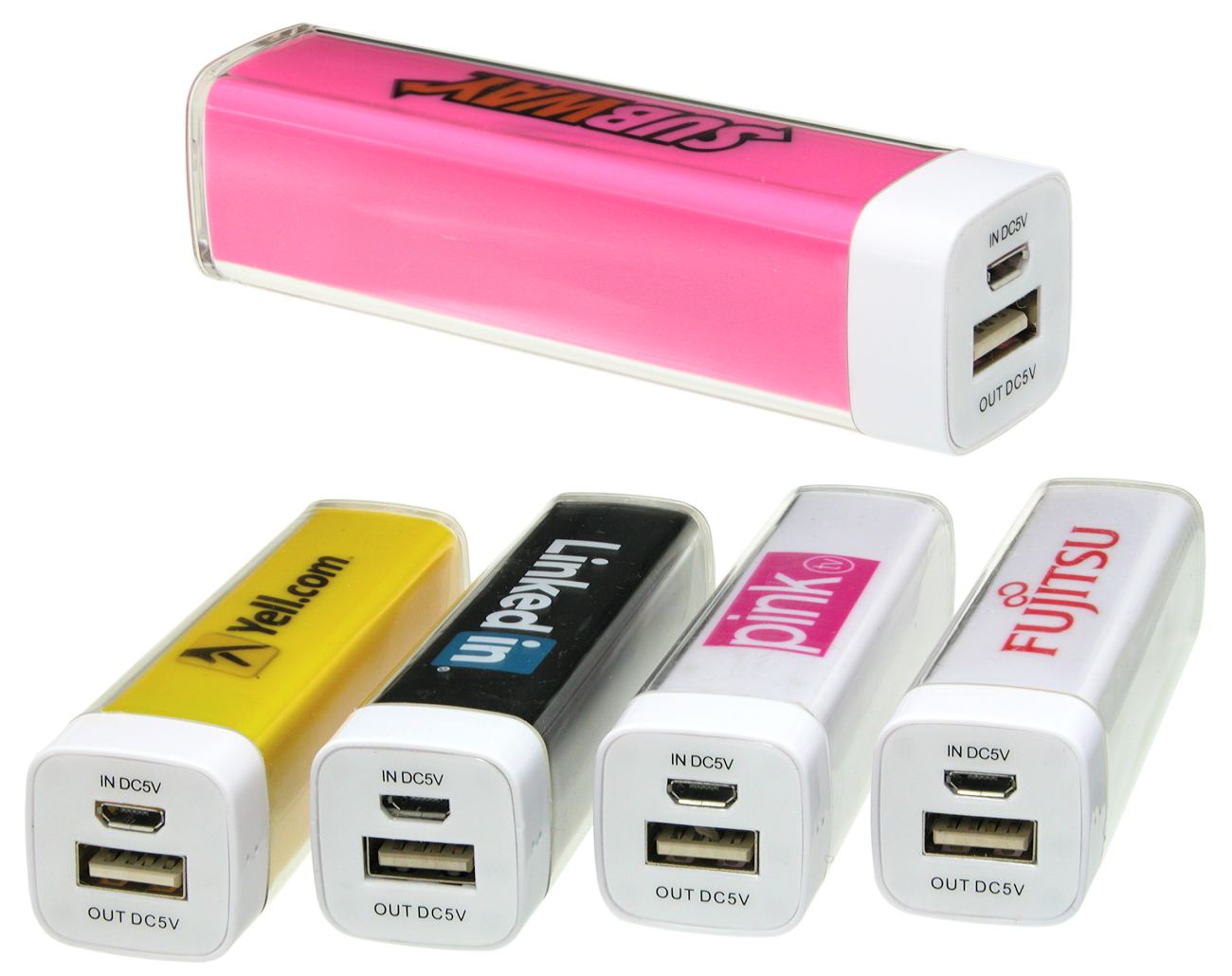 Five lipstick style power banks in various colours and logo print