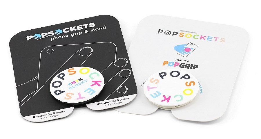 Popsockets mounted on black and white display cards