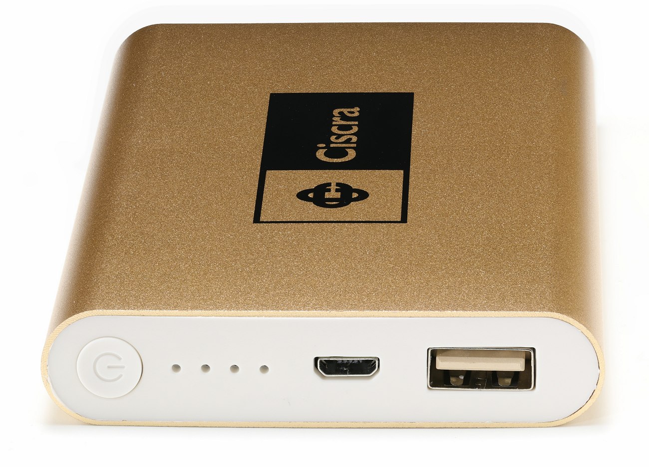 A large flat power bank with a gold coloured metal casing and black printed logo branding