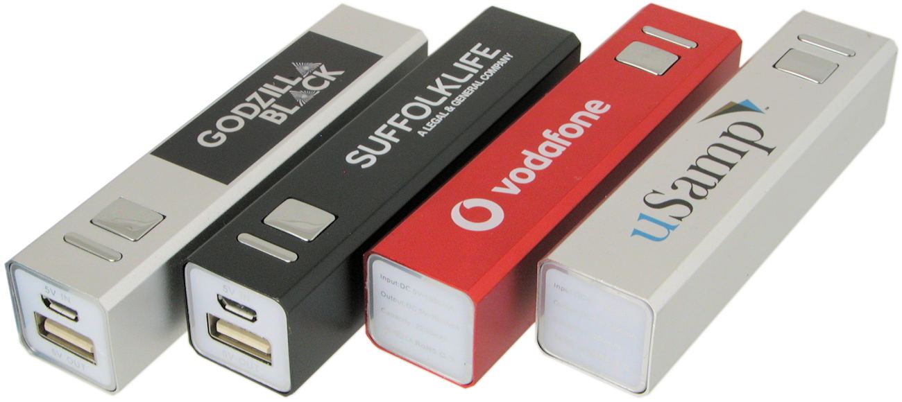 Four power bank chargers silver, red and black printed with logos