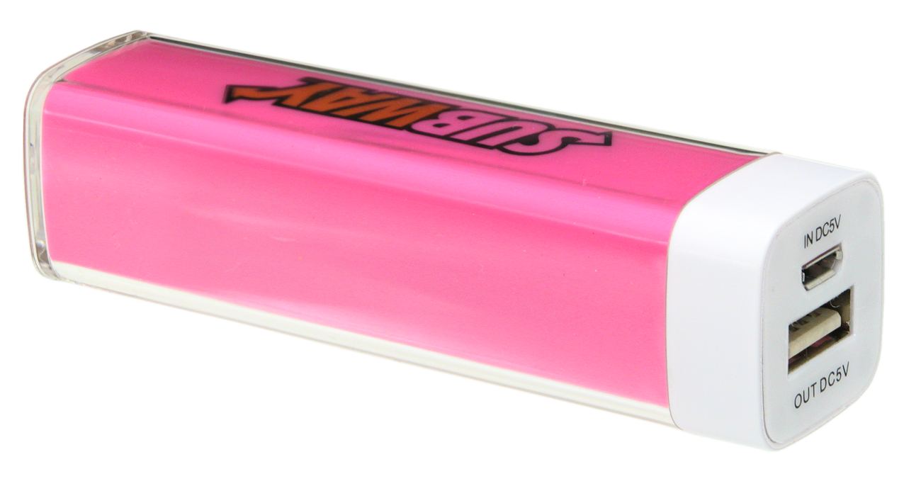 A pink power bank with plastic casing and white end