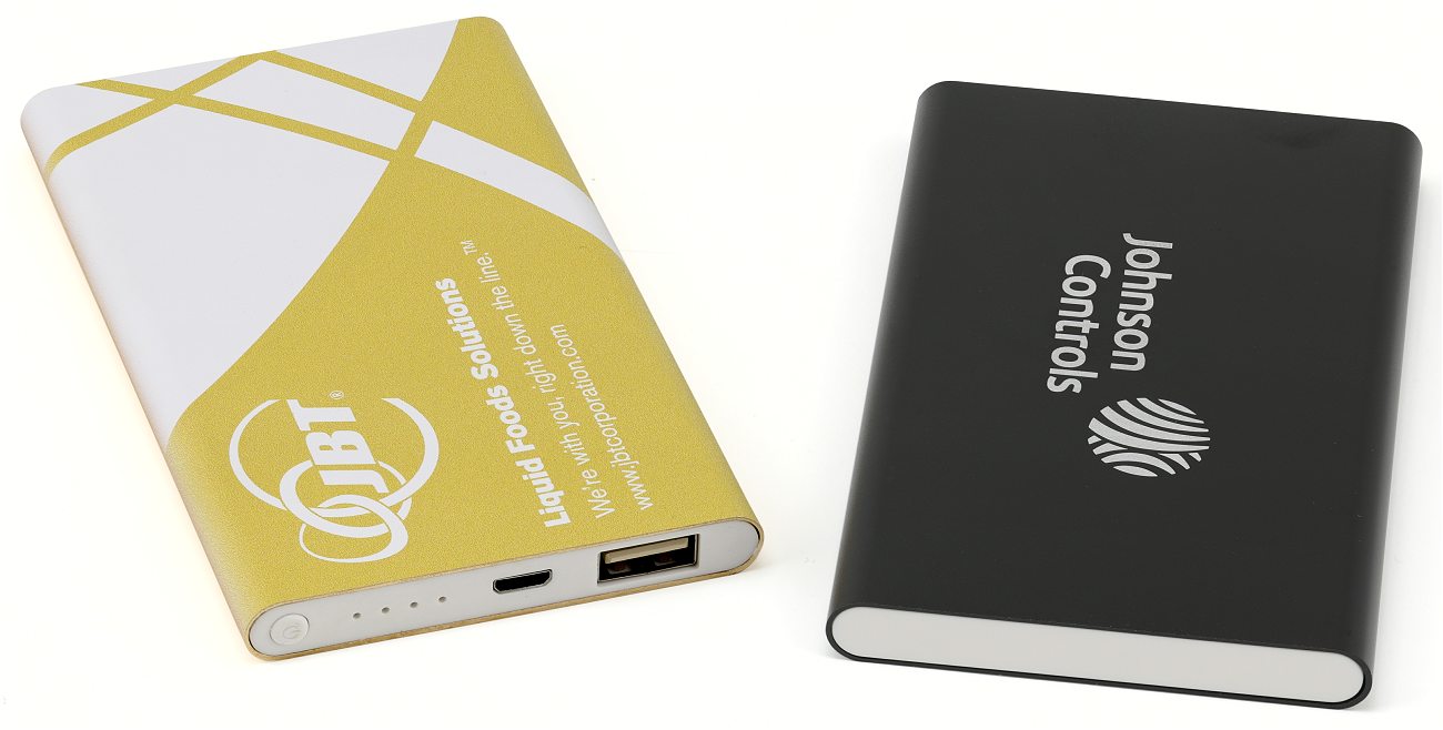 Two Flat Power Banks, one with yellow print design, one black with a logo