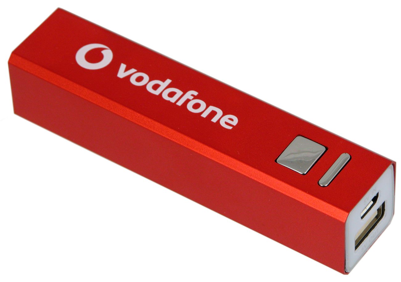 Red power bank with a white Vodafone logo