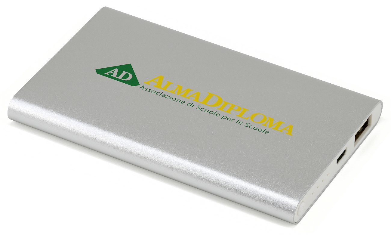 A flat power bank with a silver metal casing and colour printed logo branding