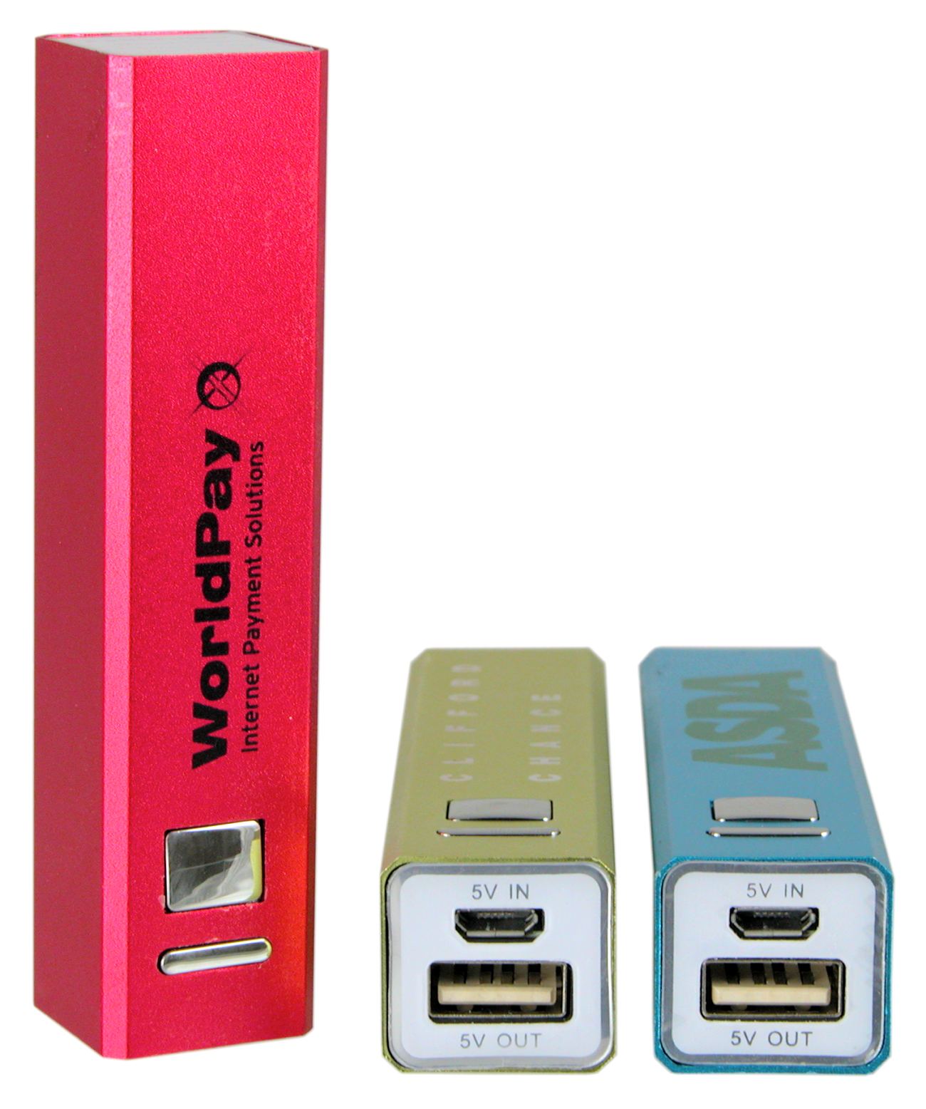 Three power bank chargers with a rectangular metal case.