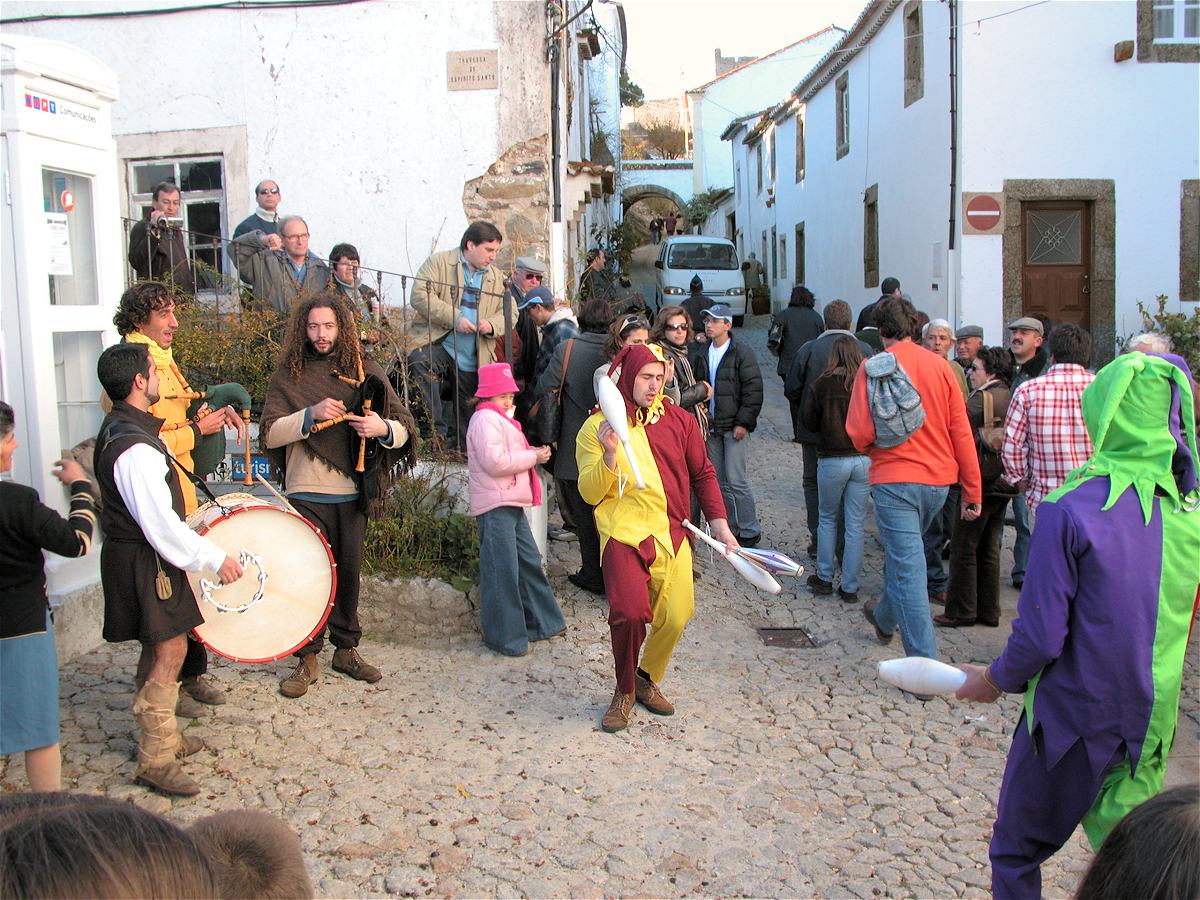 Traditional musicians and juggling street performers at the Marvao Chestnut Festival